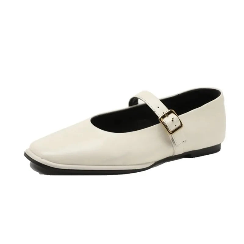 Mary Jane Shoes Female Genuine Leather 2026 New Snap Ballet Shoes Women Square Toe Flat Cowhide Ladies Shoes
