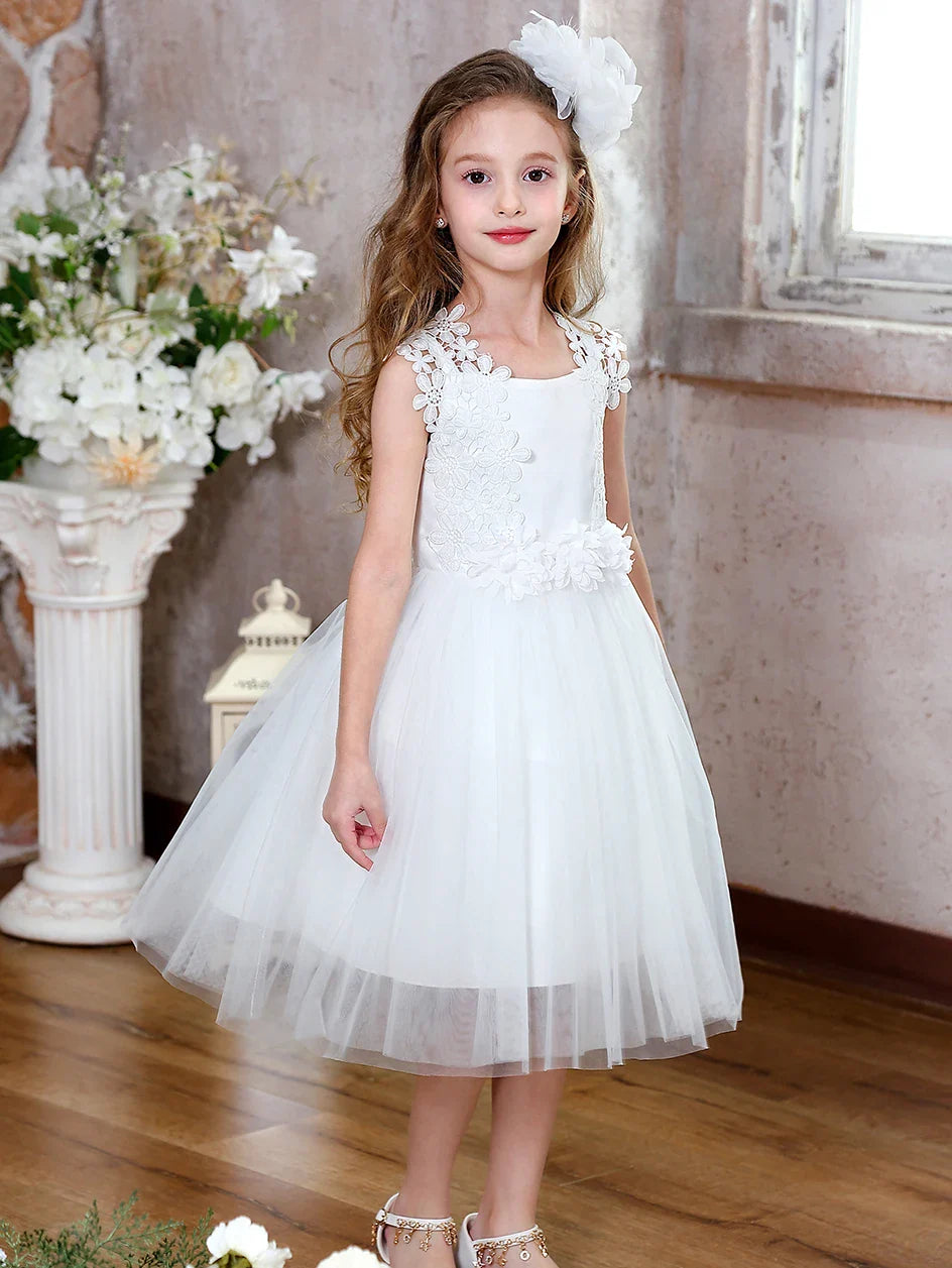 Girls Short Floral Decoration Flower Girl Bridesmaid Dresses Elegant Tulle Dresses Communion Dresses