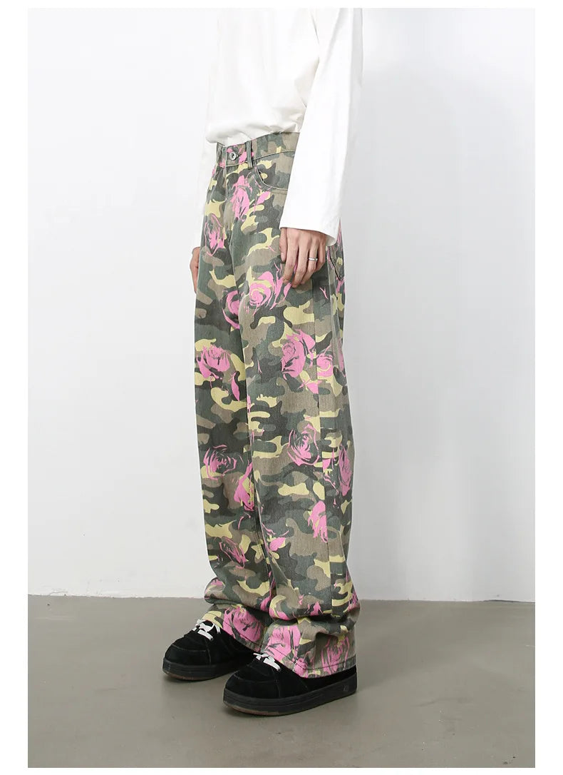 Tide Camouflage Jeans Men's Ins Loose Straight Wide Leg Casual Denim Pants Loose Male Trousers 12C2036