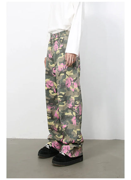 Tide Camouflage Jeans Men's Ins Loose Straight Wide Leg Casual Denim Pants Loose Male Trousers 12C2036