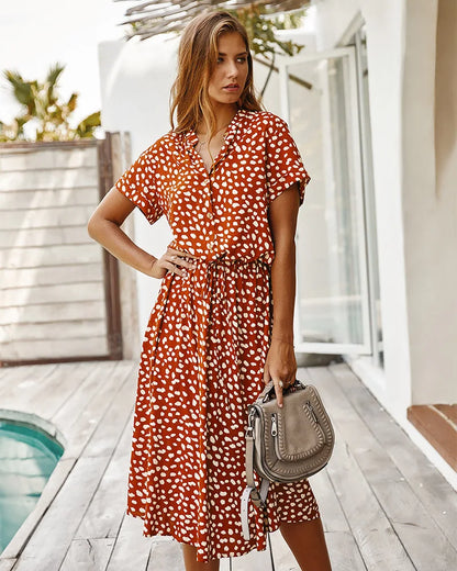 Vintage Floral Print Dress Women Boho Short Sleeve Long Dress Turn Down Collar Casual Waistband Shirt Dresses Robe 2021 Summer