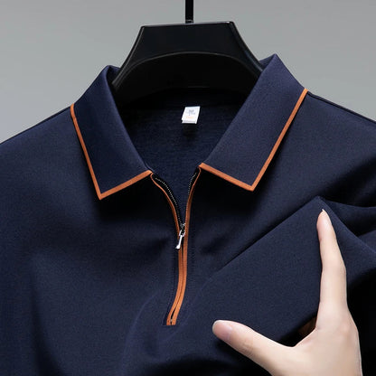 Light luxury brand long sleeved men's polo shirt autumn fashion flip collar half zipper design boutique top silk casual T-shirt
