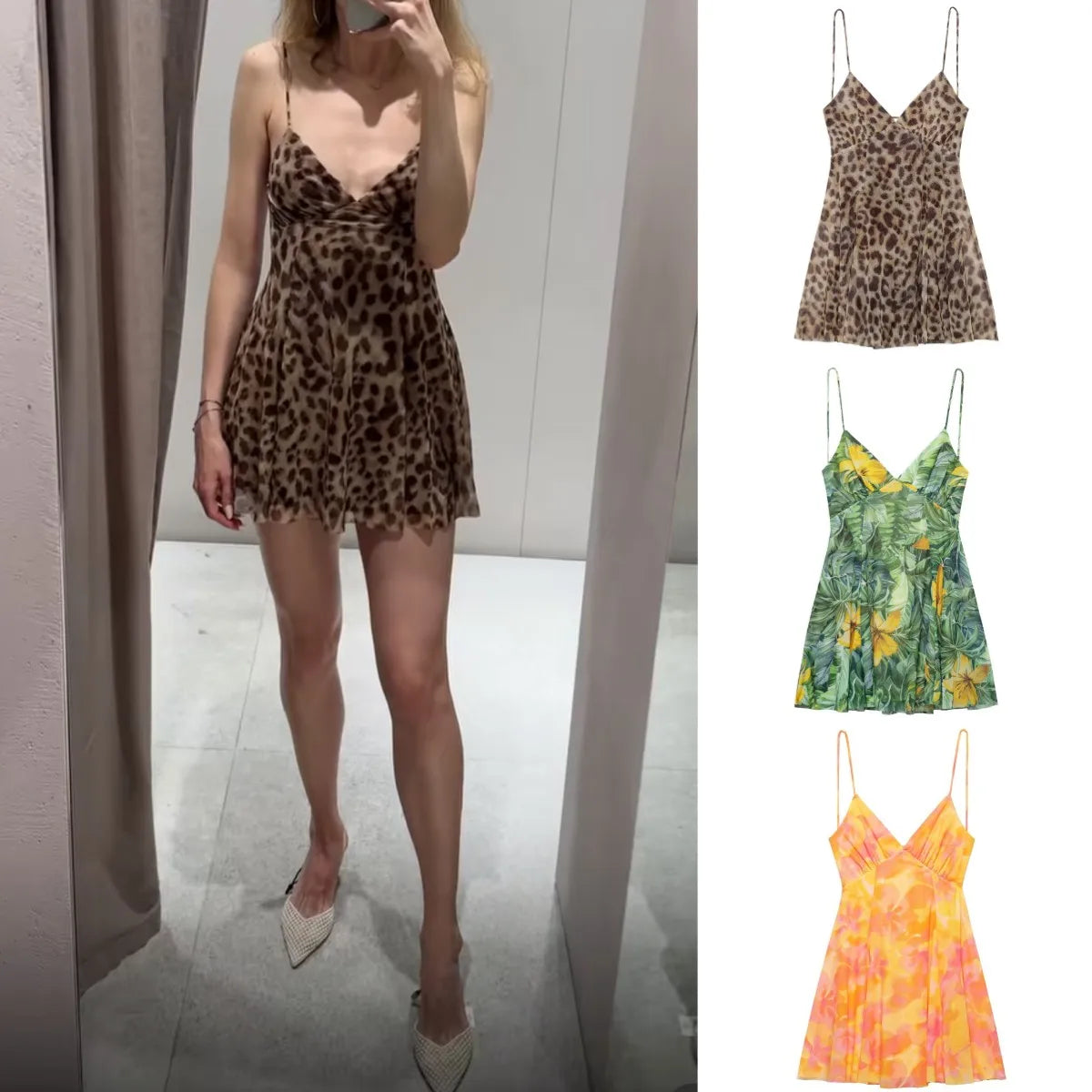 Women's vacation Style printed silk mesh sexy V-neck halter short Dress Hot Girl Dress