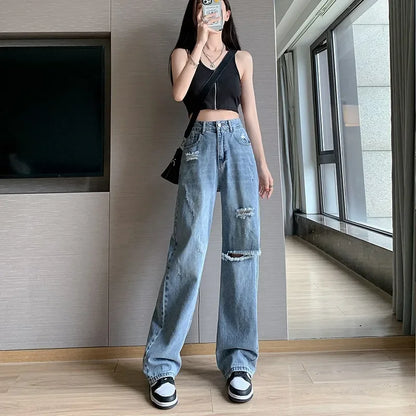 High-waisted Slimming Petite Jeans Women's Loose-fit Summer Vintage Wide-leg Trousers Torn-up Draped Style Casual Pants