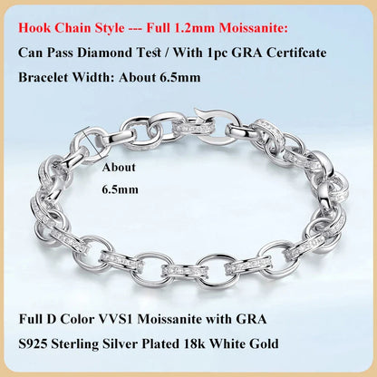 Full Moissanite Diamond Hook Link Chain Bracelet 1.2mm D Color For Woman Man S925 GRA Certified Couple Bracelets Bangle