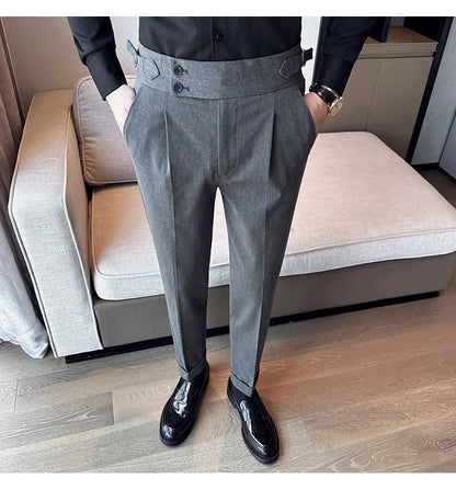 New Spring Autumn High Waist Smart Casual Dress Pants Men Belt Design Slim Suit Pants Formal Wedding Social Party Mens Trousers