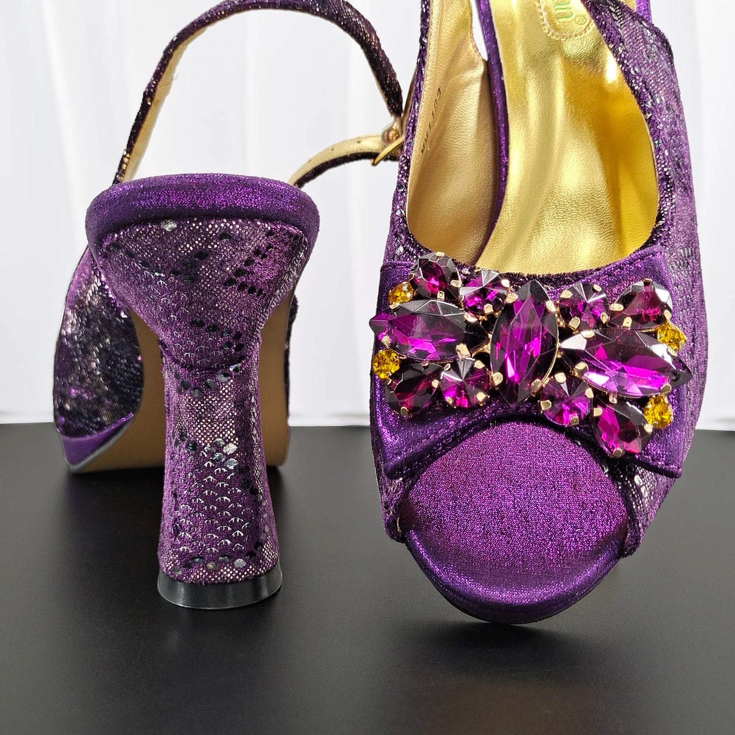 INS Purple Rhinestone-Embellished and Colorful Striped Design Party Wedding Peep Toe Bigger Size Ladies High Heels and Bag Set