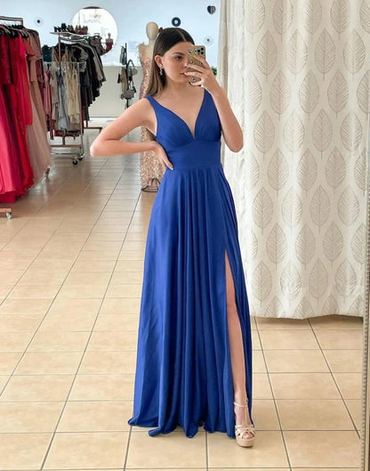 Women's Summer Evening Dresses Sexy Deep V-Neck Sleeveless Backless Sling Prom Dress Pleated Empire A-Line Split Formal Vestido