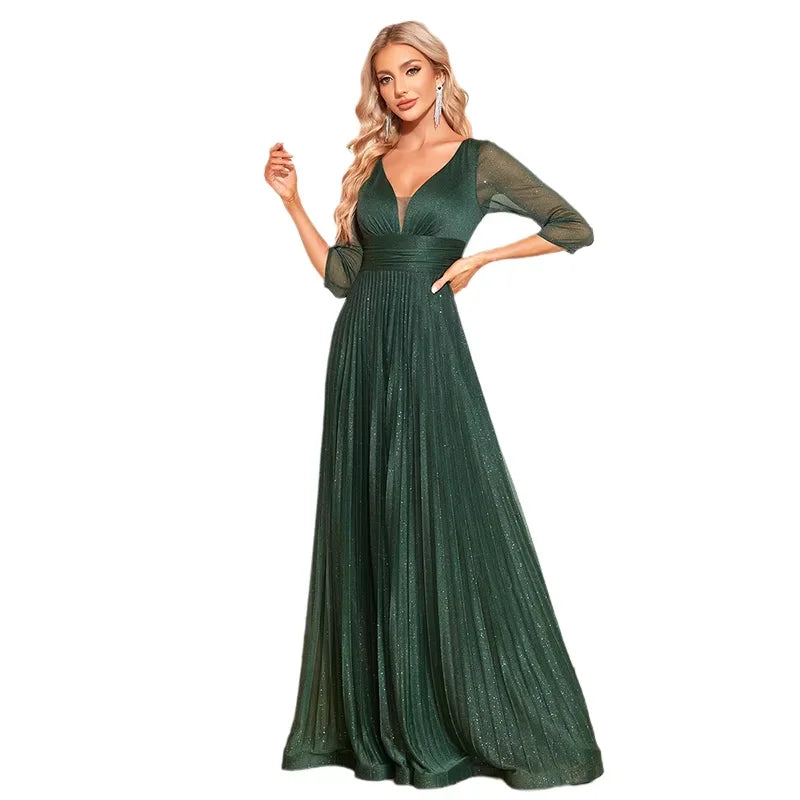 Luxury Long Sleeve Formal Evening Dress elegant V-Neck Floor-Length  Women 2025 Chiffon Prom Cocktail Graduation Gowns