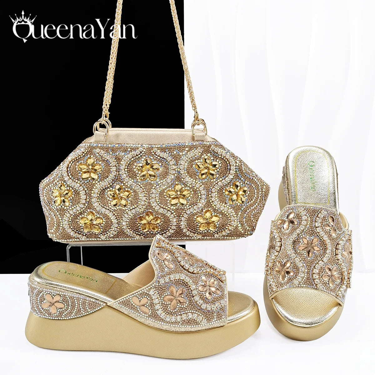 Popularity Open Toe Luxury Fashion Women High Heels Shoes and Bags Set With Rhinestone for Wedding Party Elegant