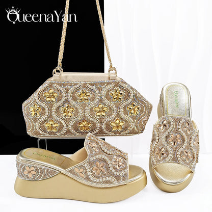 Popularity Open Toe Luxury Fashion Women High Heels Shoes and Bags Set With Rhinestone for Wedding Party Elegant