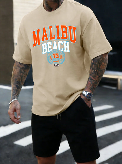 Malibu Beach 73 Usa Printing T-Shirt Mens Cotton T Shirts O-Neck Summer Basics Clothes Casual Trendy All-Match Short Sleeve