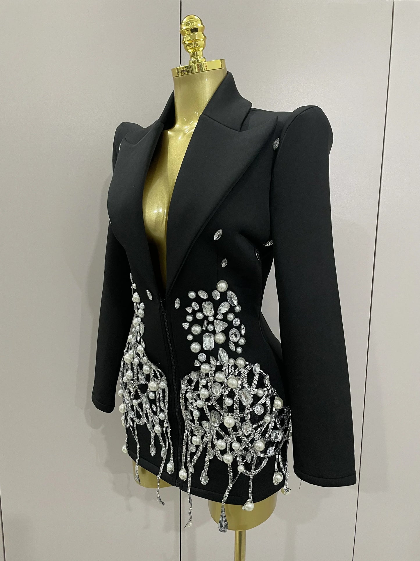 Crystal Chains Pearls Long Sleeve Mini Dress 2025 Women Birthday Evening Party Nightclub Outfit Singer Wedding Costume
