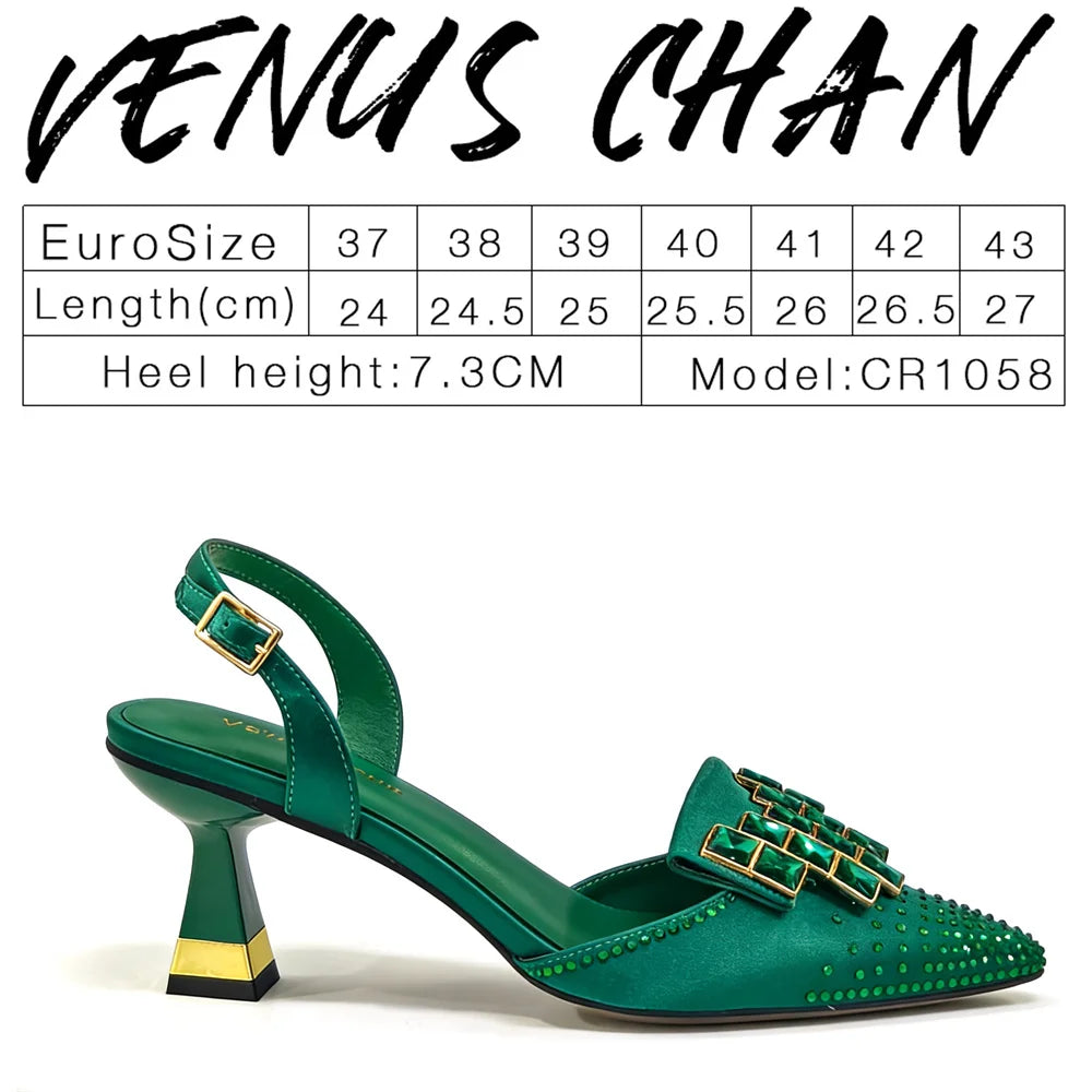 2026 Women's Elegant Green Rhinestone Slingback Heels & Matching Handbag Set - Stylish Pointed Toe Design