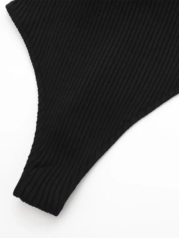 Women Fashion Ribbed Bodysuit With Organza Ruffle Vintage High Elastic Sexy y2k Female Chic Lady Tops body femme