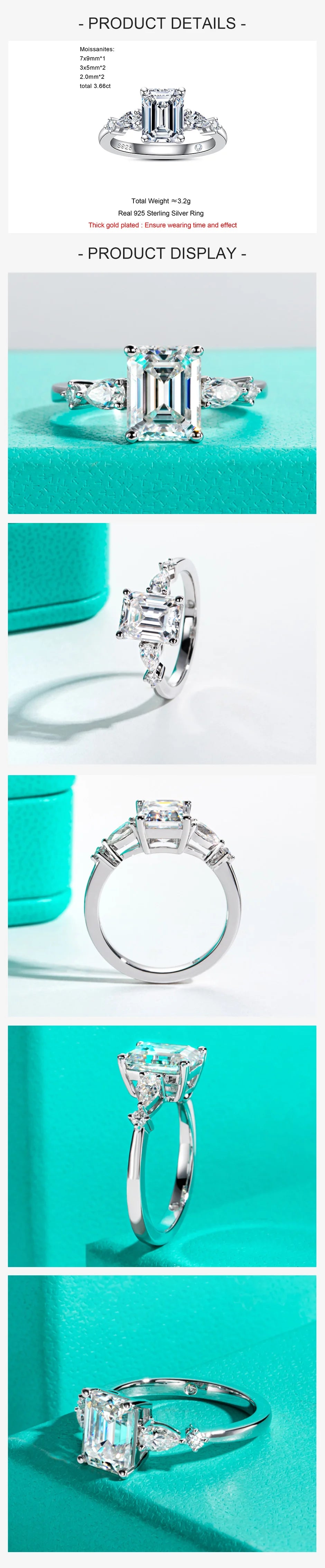 3ct D Color Emerald Cut Moissanite & 0.3ct Pear Cut Engagement Ring 18K Gold Plated Ideal for Weddings Women's Gifts