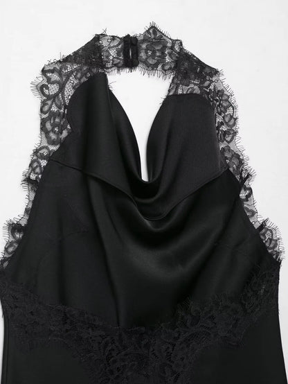 2026 Spring Women Backless Sexy Lace Splicing Halter Neck Top Summer Female Off Shoulder Asymmetrical Satin Camisole