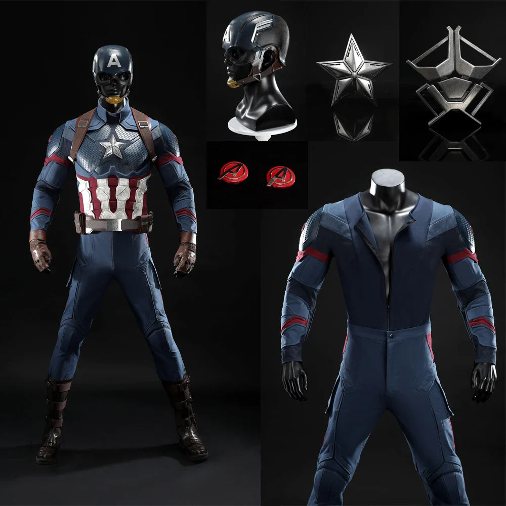 High Quality Adult Superhero Captain Steven Rogers Cosplay Costume Battle Uniform Costume  Halloween Carnival Helmet Boots