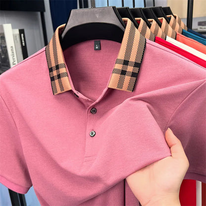 Fashion brand plaid lapel short sleeve polo shirt men summer new style simple solid color high-end business casual golf T-shirt