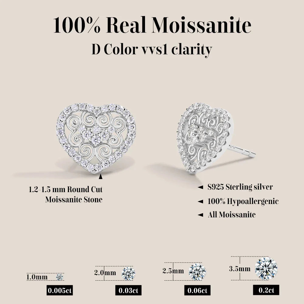 Luxury Heart Shape All Moissanite Earrings for Women D VVS1 Color s925 Sterling Silver Fine Jewelry Mother's Day Gifts