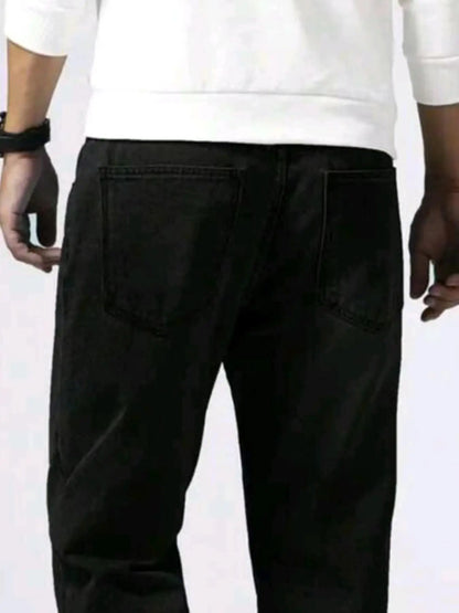 New Spring Autumn Straight Jeans Micro Elastic Versatile Pure Black Casual Denim Pants Men's Solid Color Baggy Regular Trousers