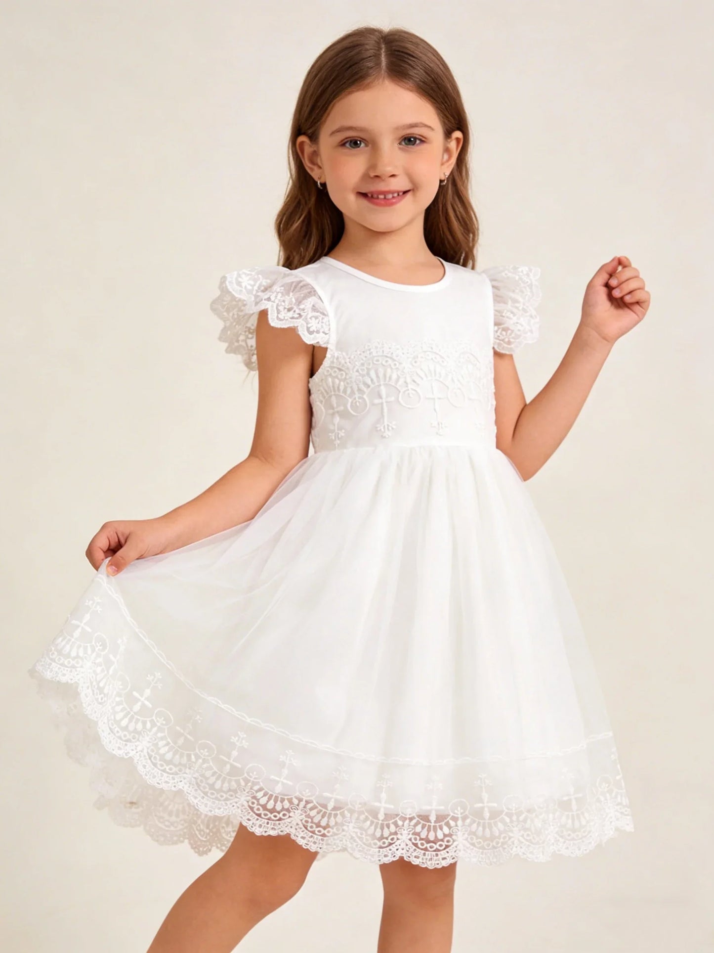 Summer Girls Sweet And Cute Flying Sleeves Solid Color Lace Princess Dress Fashionable Casual Dress
