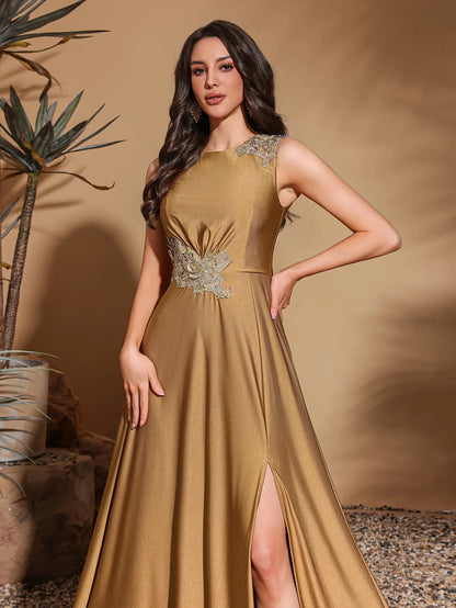 Asymmetrical applique sleeveless round neck slit back floor-length gown, women's long dress, party dress