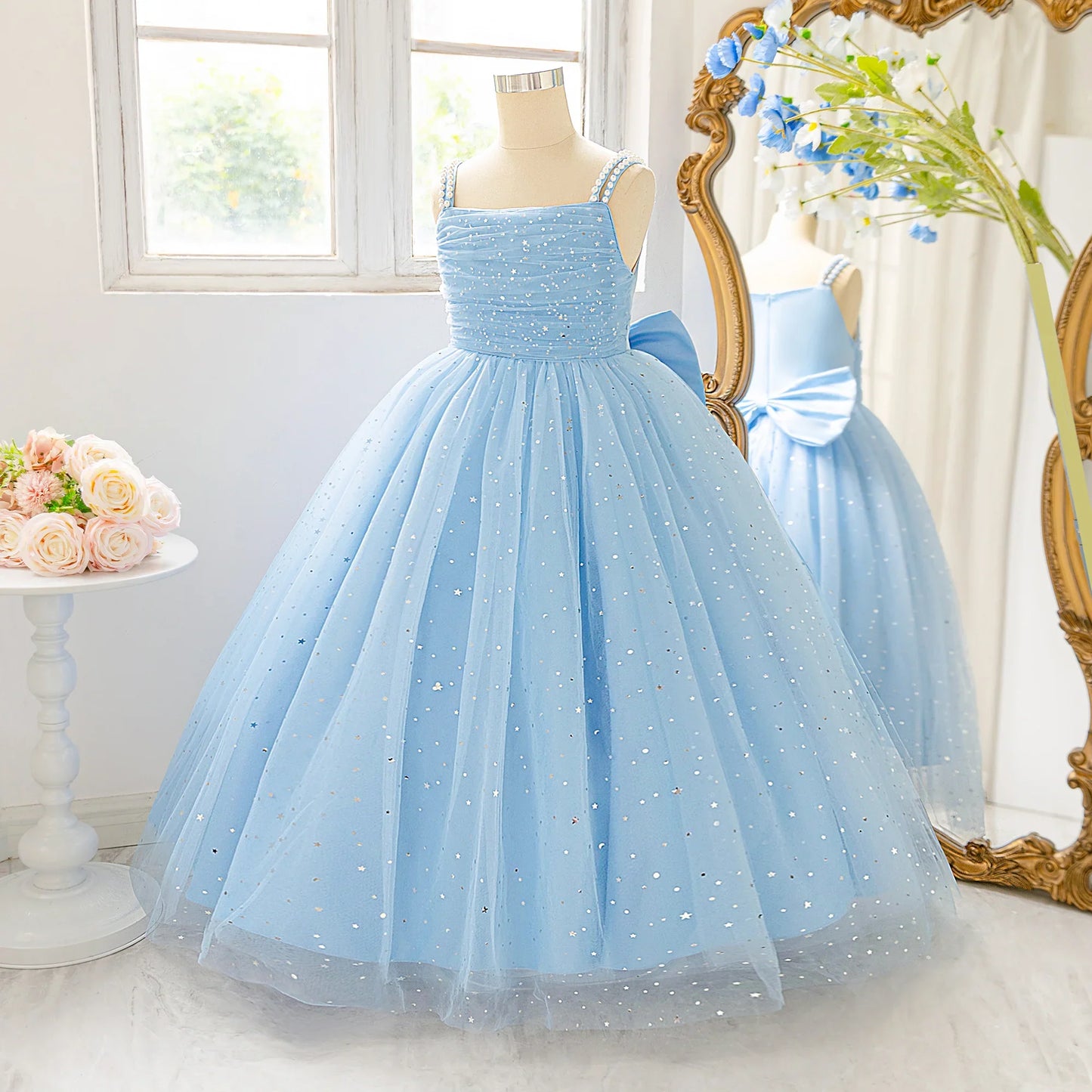 Elegant Sequins Bridemaids Girl Dress Summer Big Bow Tulle Wedding Princess Party Prom Dresses Girls Birthday Evening Ball Gown