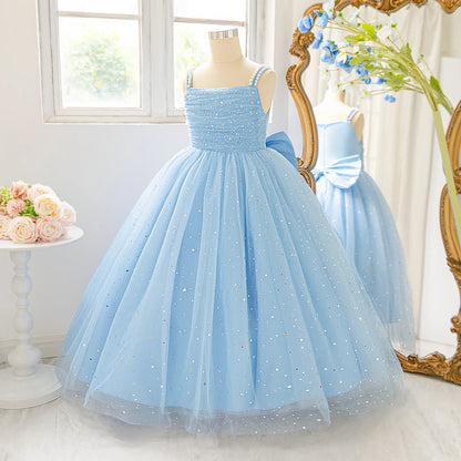 Elegant Sequins Bridemaids Girl Dress Summer Big Bow Tulle Wedding Princess Party Prom Dresses Girls Birthday Evening Ball Gown