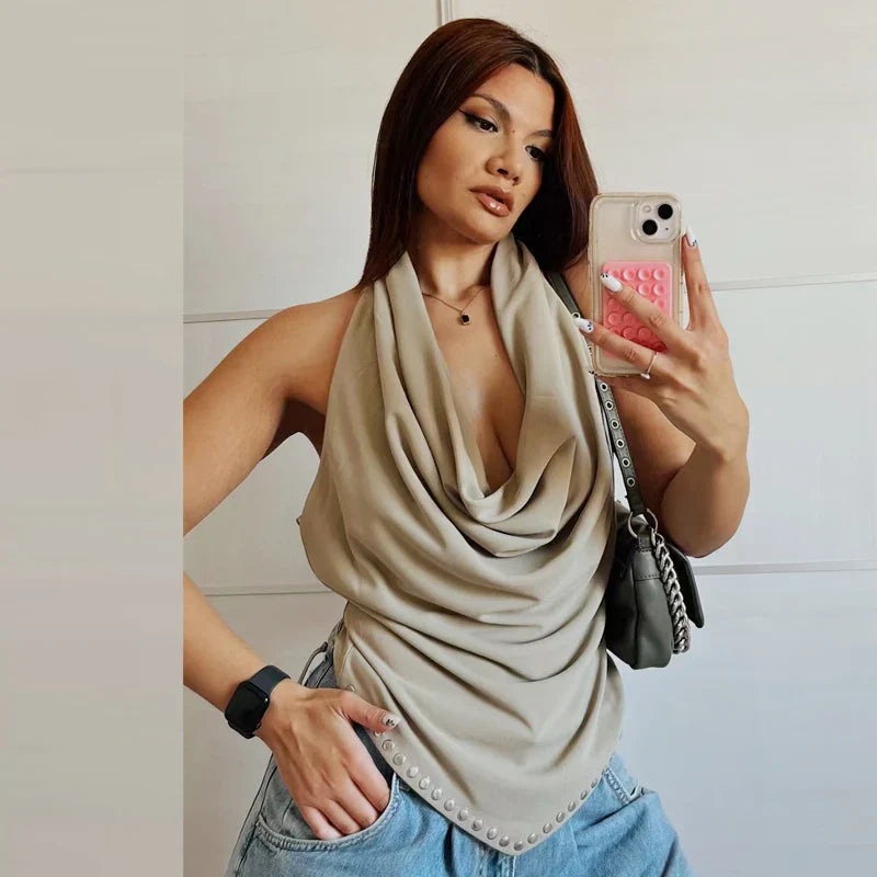 2025 Rivet Halter Neck Tops For Woman Autumn Sexy Crop Ruffled Tanks & Camis Female Sleeveless Backless Tank Top Chic Vests