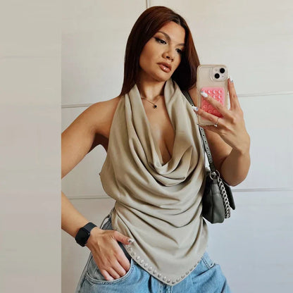 2025 Rivet Halter Neck Tops For Woman Autumn Sexy Crop Ruffled Tanks & Camis Female Sleeveless Backless Tank Top Chic Vests