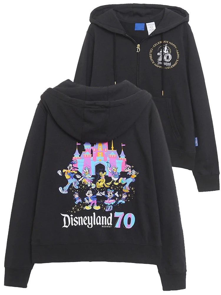 70th Anniversary Castle Mickey Mouse Family Letter Embroidery Fleece Sweatshirt Unisex Women Hooded Zipper Jumper Top
