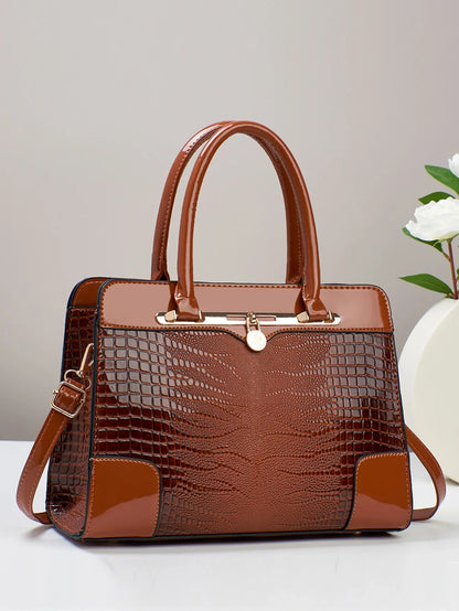 Crocodile Pattern Handbag, Women Large Capacity Crossbody Bag, Fashion Glossy Satchel Purse