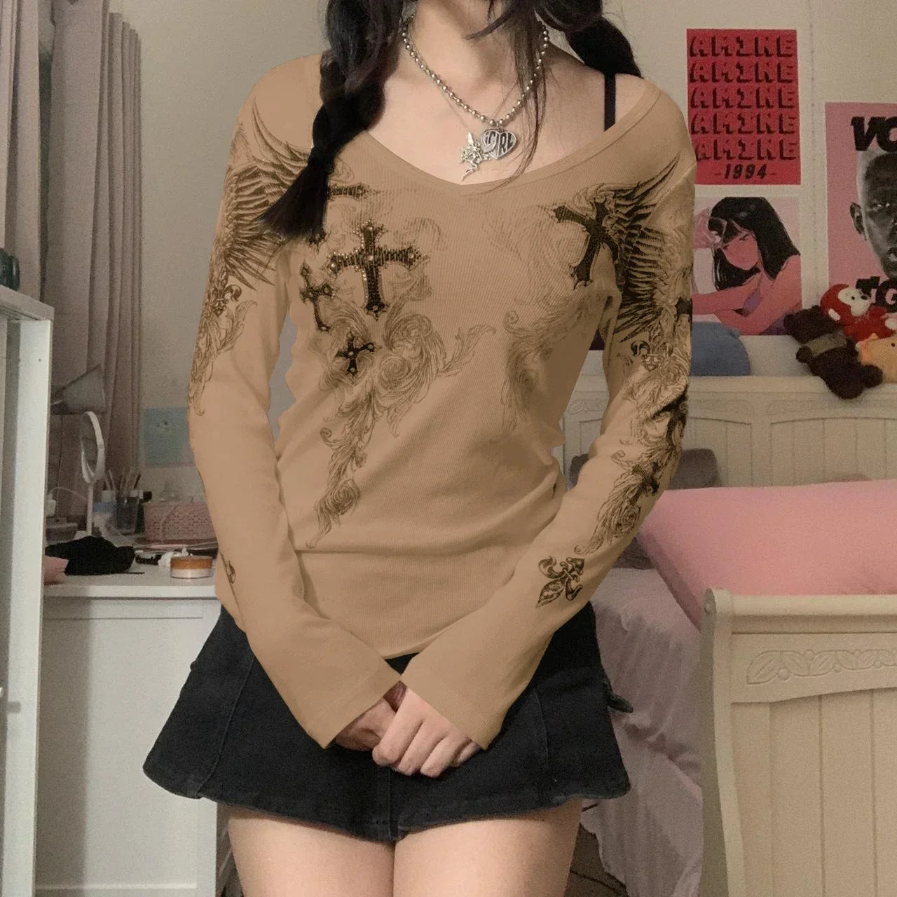 Y2k Graphic Cross Wings Print Long Sleeve Women Grunge Fairy T-shirt Harajuku Tee 2000s Aesthetic Punk Style Clothes Streetwear