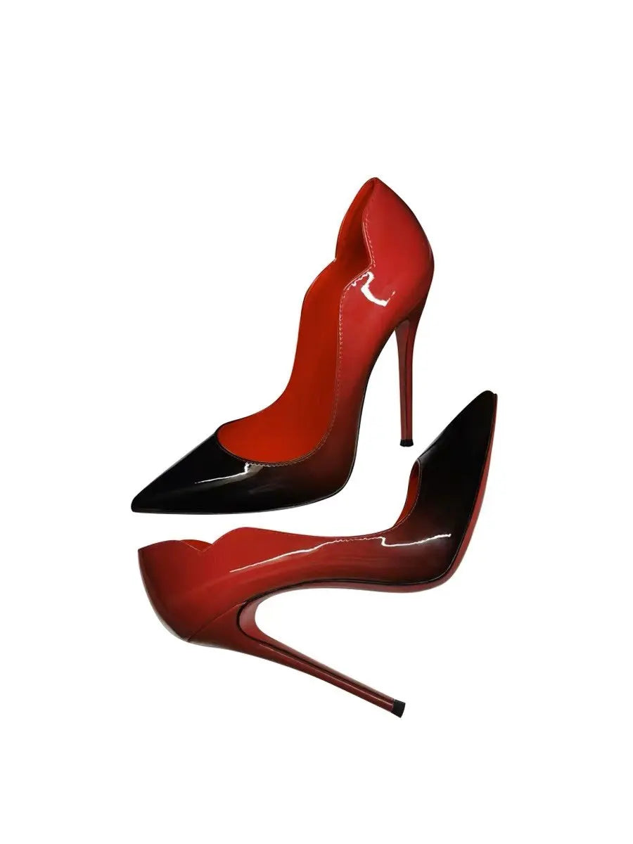 Curved edge shallow mouth gradient red12cm high heels for women,ultra-fine heels,temperament plus size professional single shoes