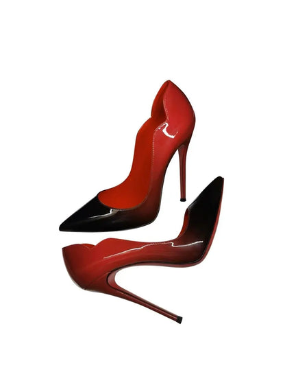 Curved edge shallow mouth gradient red12cm high heels for women,ultra-fine heels,temperament plus size professional single shoes