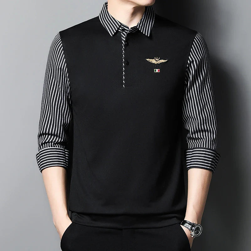2025 New Men's Casual and Fashionable Long Sleeved POLO Shirt with Contrasting Print Anti Wrinkle Top