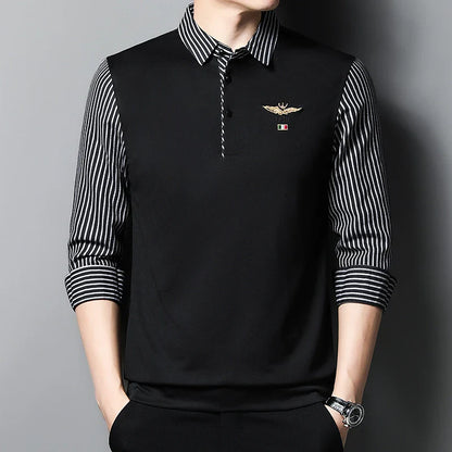 2025 New Men's Casual and Fashionable Long Sleeved POLO Shirt with Contrasting Print Anti Wrinkle Top
