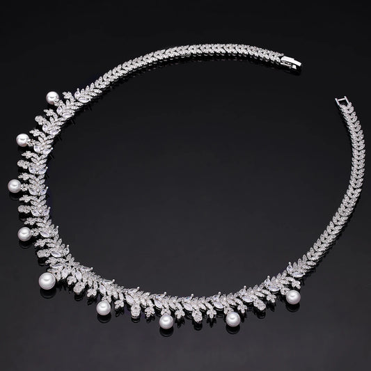 2023 New Cubic zirconia Pearl Necklace Earrings Set of 4 Women's Wedding Party All Zircon Dubai Bridal Jewelry Set Gift