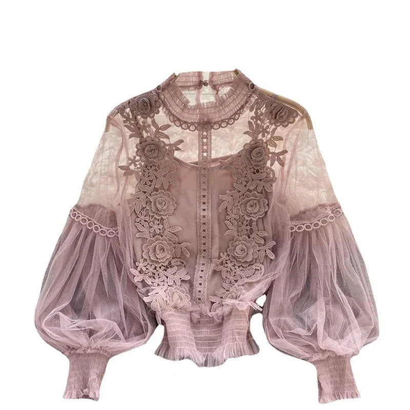 Summer Elegant Lace Blouses Korean Style Women's Clothing Casual Long Sleeve Tops Blusas Feminina Elegante Estilosa Y338