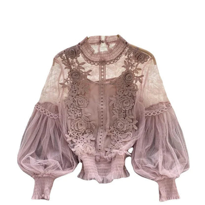 Summer Elegant Lace Blouses Korean Style Women's Clothing Casual Long Sleeve Tops Blusas Feminina Elegante Estilosa Y338
