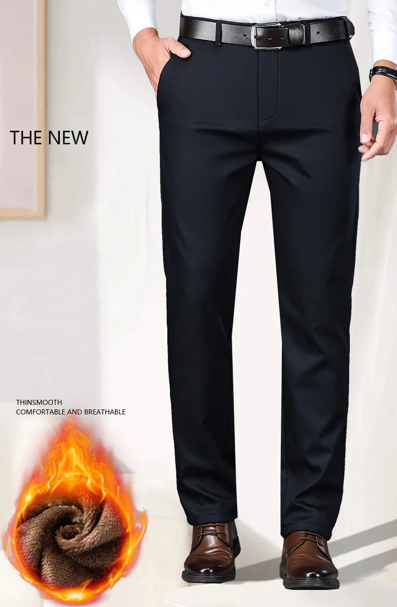 Winter New Flannel Thick Men's Casual Pants Fleece Navy Black Business Straight Slim Stretch Warm Plush Trousers Male
