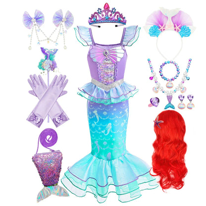 Ariel Cosplay Princess Costume Kids Cartoon Printed Dress Girls Halloween Children Carnival Birthday Party Clothes