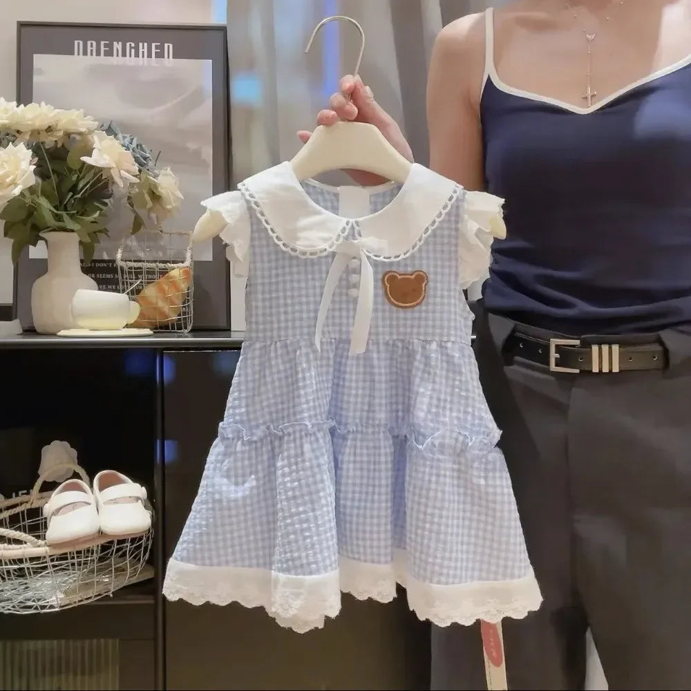 Korean Version Blue Checkered Printed Children's Clothing Sweet Girls Dresses Lace Patchwork Lapel Sleeveless Dress