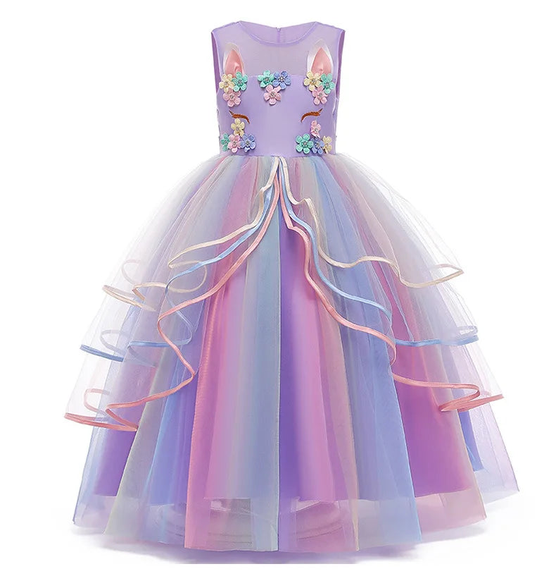 Girls Fantasy Unicorn Long Dress Rainbow Princess Girls Birthday Party Dress Children Kids Carnival Prom Gown for teen 3-12years