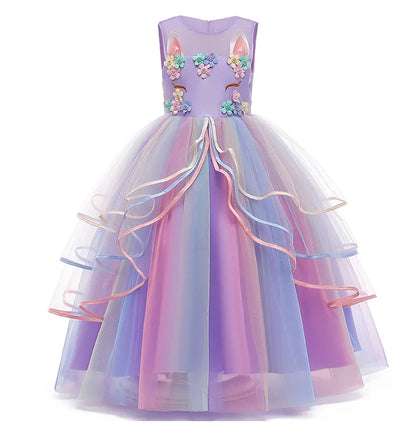 Girls Fantasy Unicorn Long Dress Rainbow Princess Girls Birthday Party Dress Children Kids Carnival Prom Gown for teen 3-12years