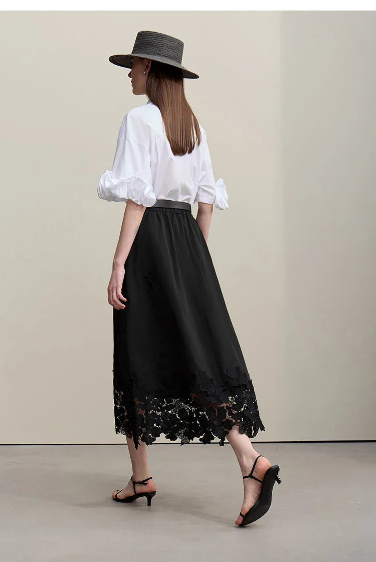 Women's Skirt 2026 Summer New Elastic Waist Cutout Lace Hem Midi Casual Loose Fit Floral Trim Skirt For Women 12622106