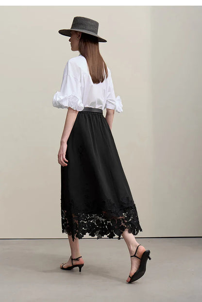 Women's Skirt 2026 Summer New Elastic Waist Cutout Lace Hem Midi Casual Loose Fit Floral Trim Skirt For Women 12622106