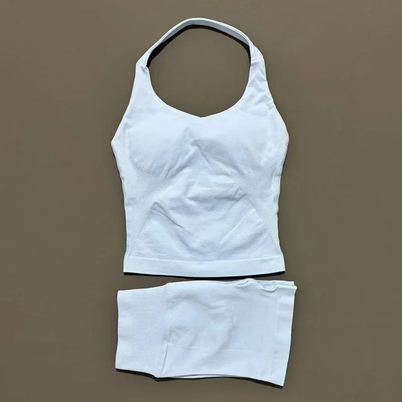 Women Seamless Gym Set 2Pcs Halter Neck Sports Crop Top High Waist Scrunch Butt Shorts Workout Fitness Yoga Tracksuit Sportswear
