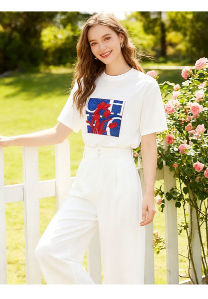 Women's T Shirts Short Sleeve O Neck Casual Flower Design Cotton Female Tops Women Tee Tops